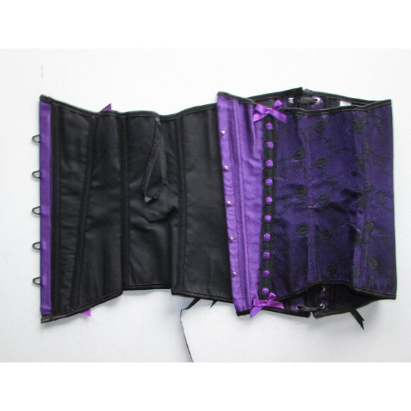 Purple Satin Black Lace Underbust Waist Cincher Corset Set - NEW - Picture 7 of 10
